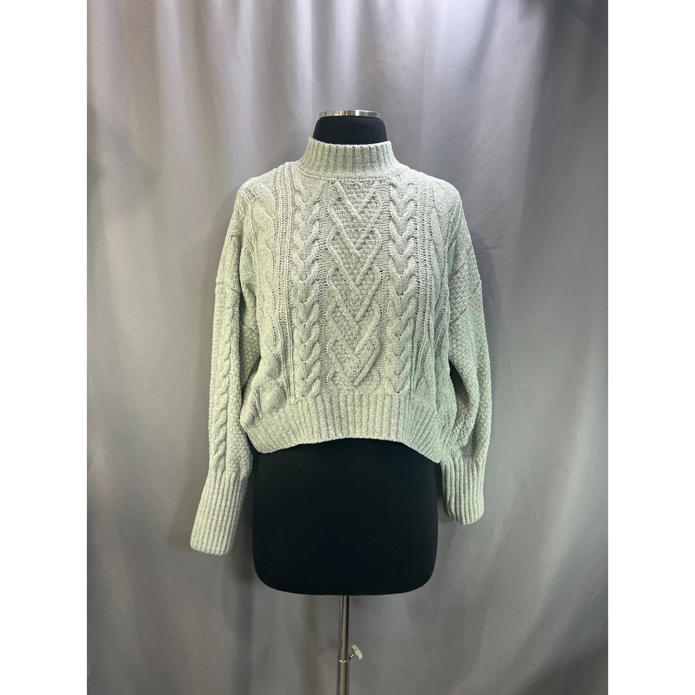 Pink Rose Cropped Sweater Womens Large Sage Green Cable Knit Mock Neck Winter